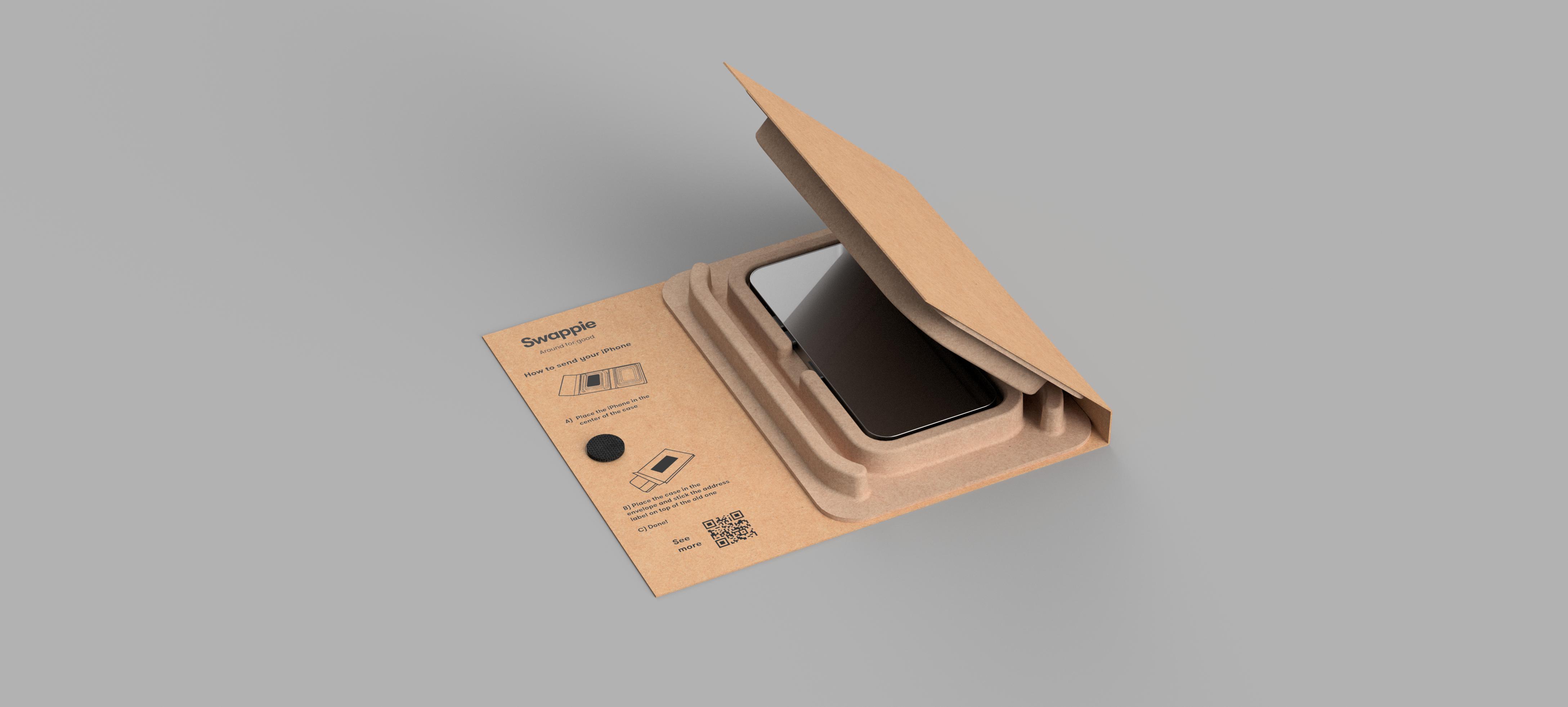 Wiederverwendbare Swappie Trade-In-Verpackung mit iPhone im geformten Fach