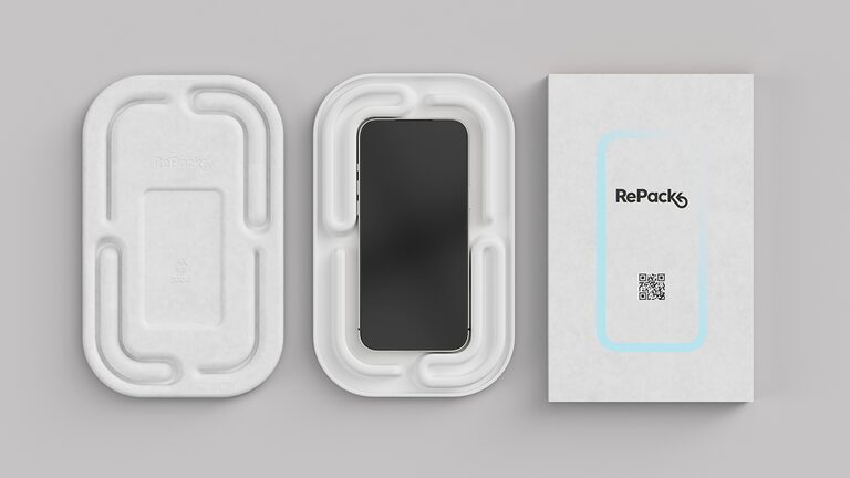 Vie (Sales Pack) components: a moulded paper-pulp tray, a tray holding a smartphone, and a branded outer sleeve with a QR code